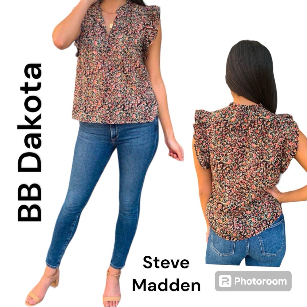 BB Dakota by Steve Madden Meadow Mood Floral Ruffle Sleeve Blouse Top Size L